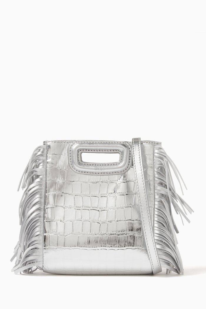 

Mini Fringed M Bag in Croc-embossed Leather, Silver
