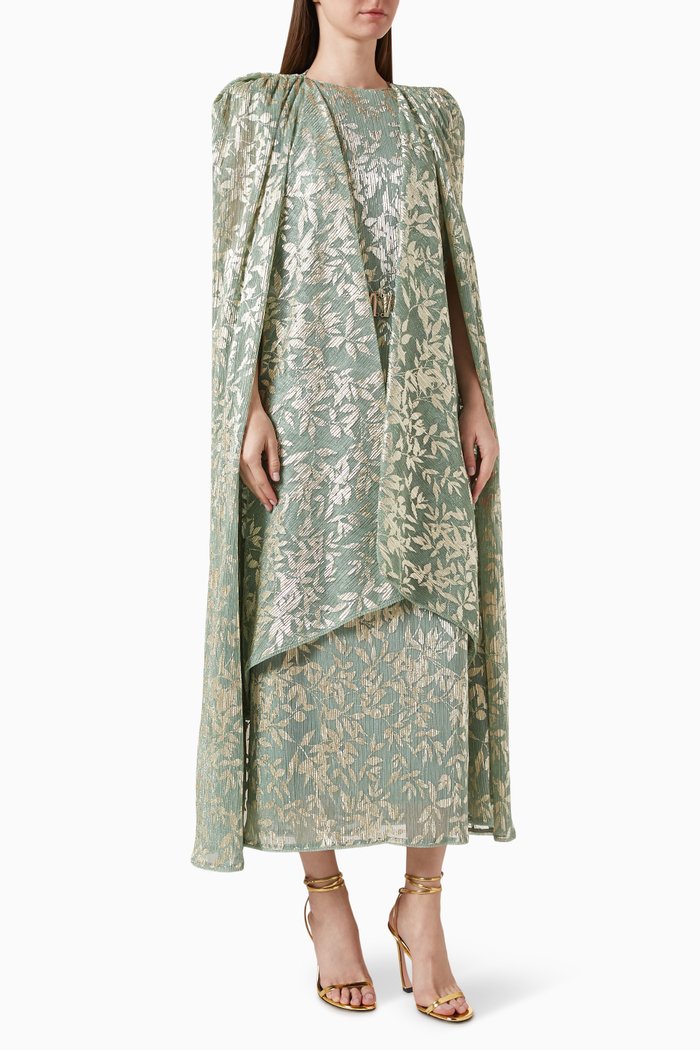 

Detachable Cape Floral Midi Dress in Jacquard, Multicolour