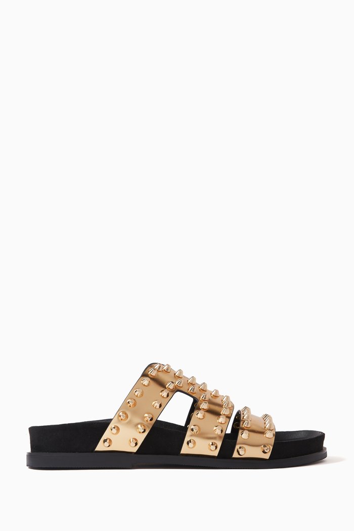 

Mully Flat Rivet Sandals in Leather, Gold