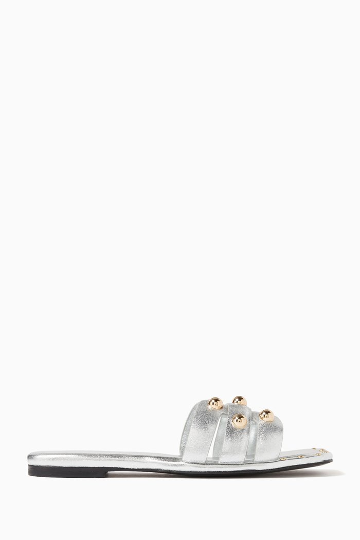 

Stud-embellished Mules in Metallic Leather, Silver