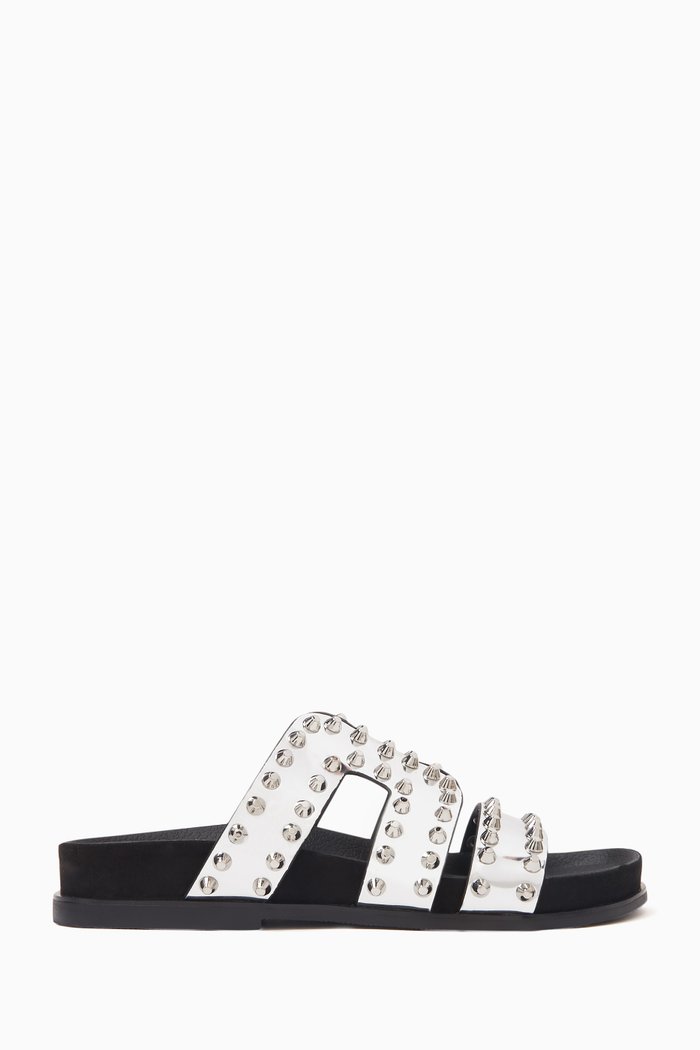 Mully Flat Rivet Sandals in Leather, Silver