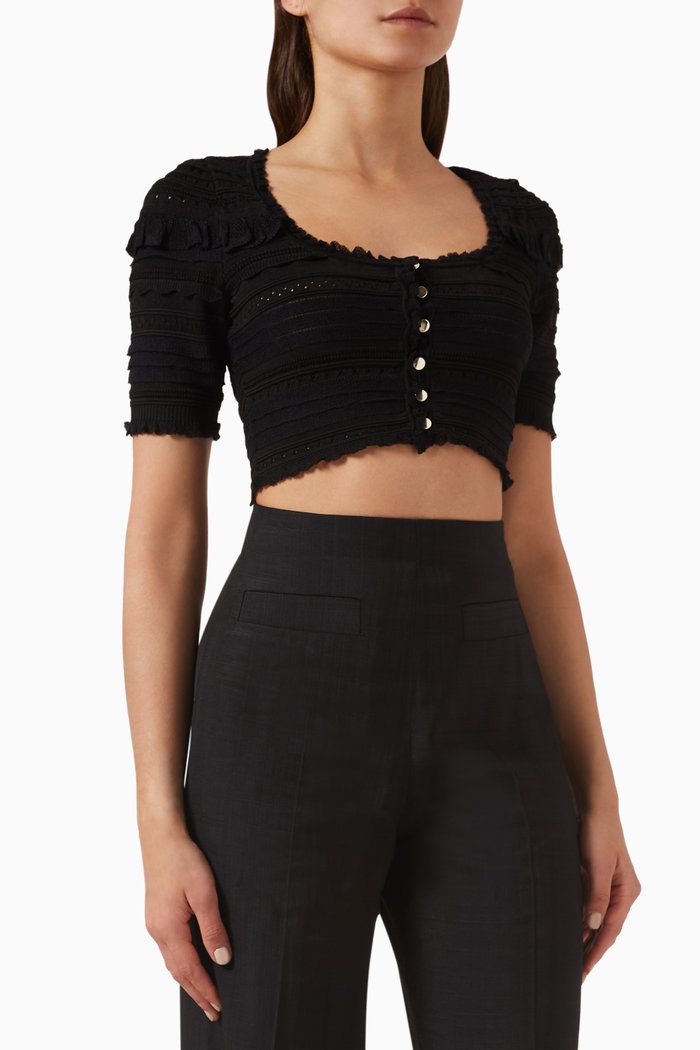 

Ruffled-trim Cropped Cardigan in Viscose-knit, Black
