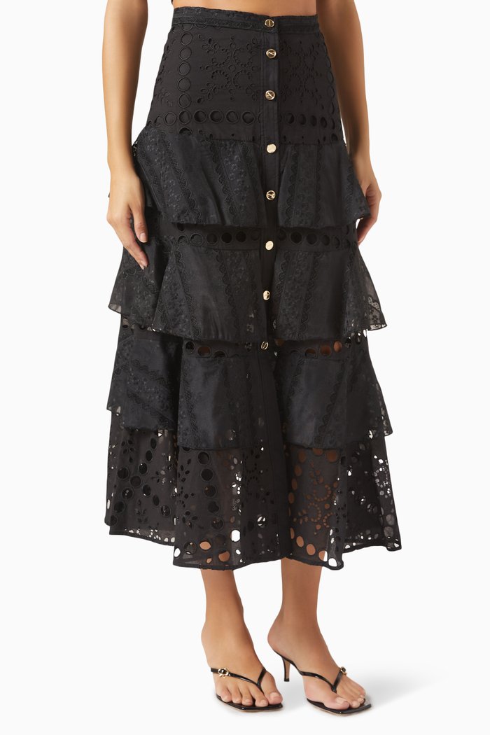 

Sahara Tiered Skirt in Broderie Anglaise, Black