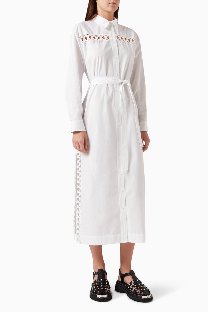 Caire Heart-trim Shirt Midi Dress in Cotton, White