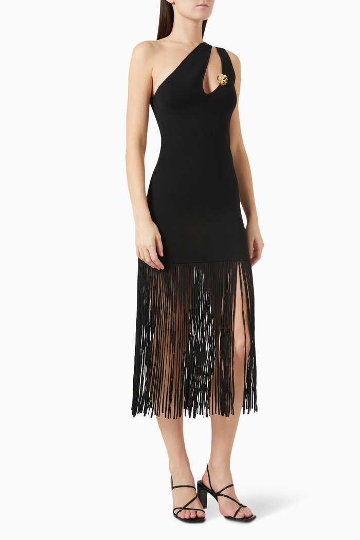 

Asymmetric Fringed Midi Dress in Knit, Black