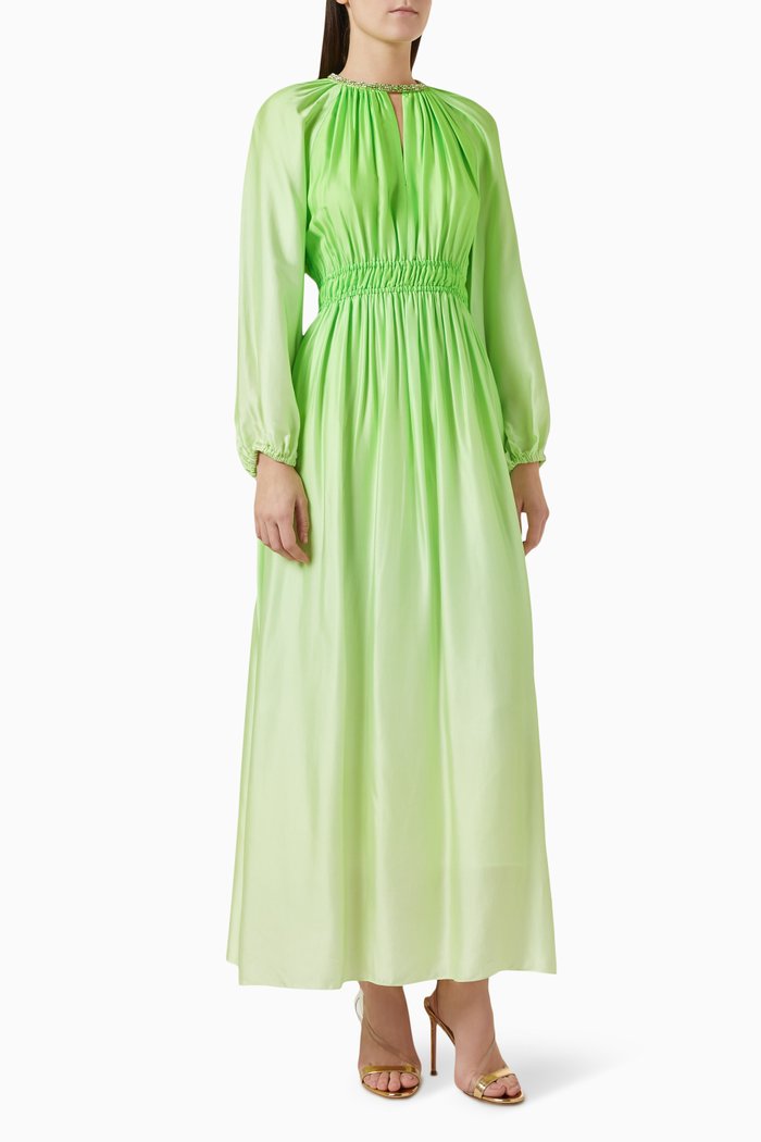 Rhinestone Neck Maxi Dress in Viscose, Green
