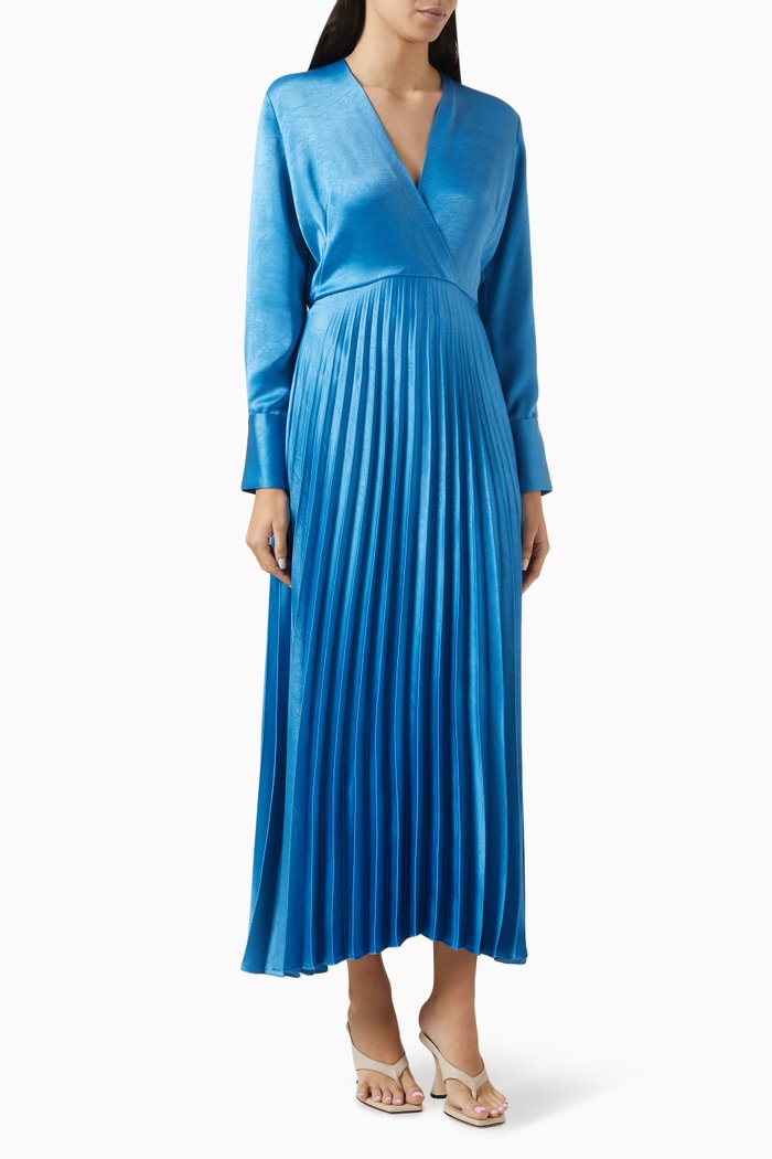 

Anissa Pleated Maxi Dress in Satin, Blue