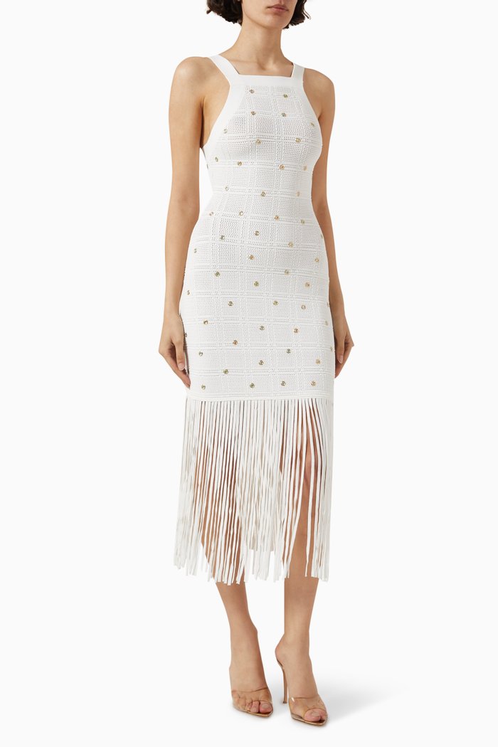 

Pocca Fringed Midi Dress in Knit, White