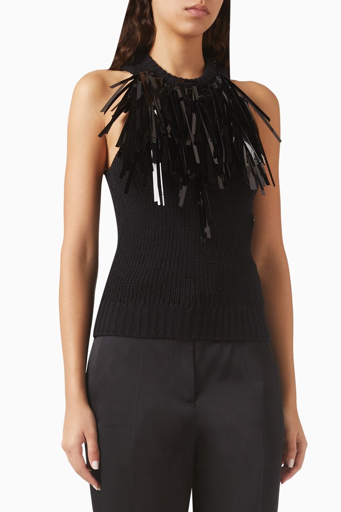 

Hand-embroidered Sequin Fringed Top in Cotton, Black