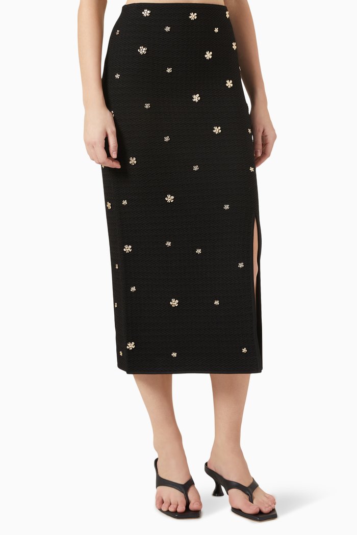 

Floral-appliqué Midi Skirt in Viscose-blend, Black