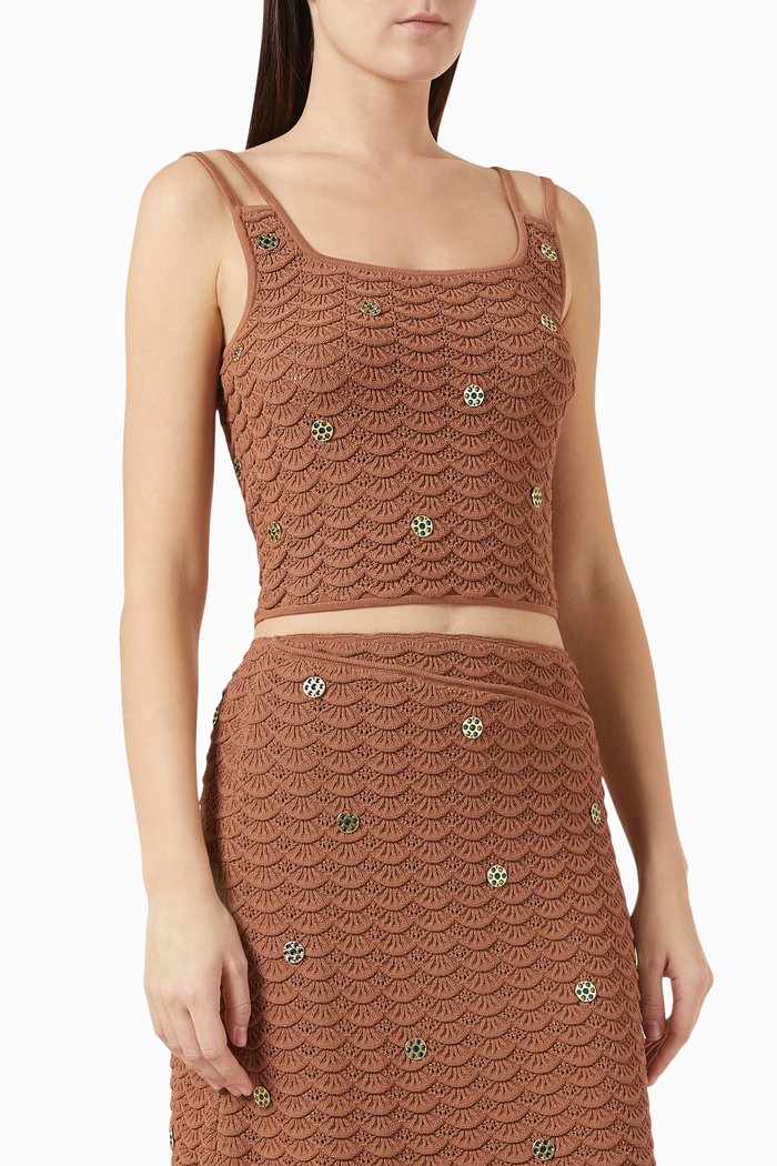 

Embellished Scalloped Tank Top in Crochet Knit, Brown