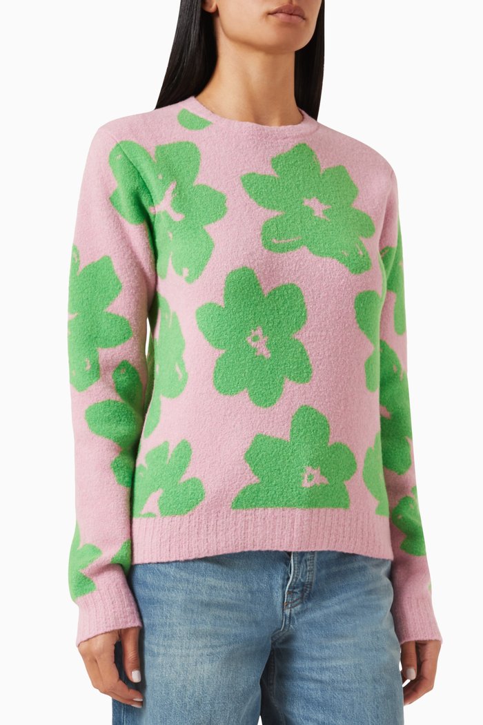 

Floral Long-sleeved Sweater in Wool Jacquard, Pink