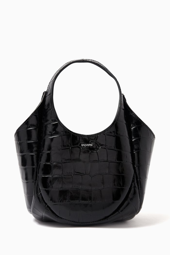 

Mini Bucket Swipe Bag in Croc-embossed leather, Black