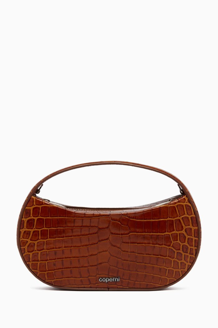 Small Swipe Sound Bag in Croc-embossed Leather, Brown