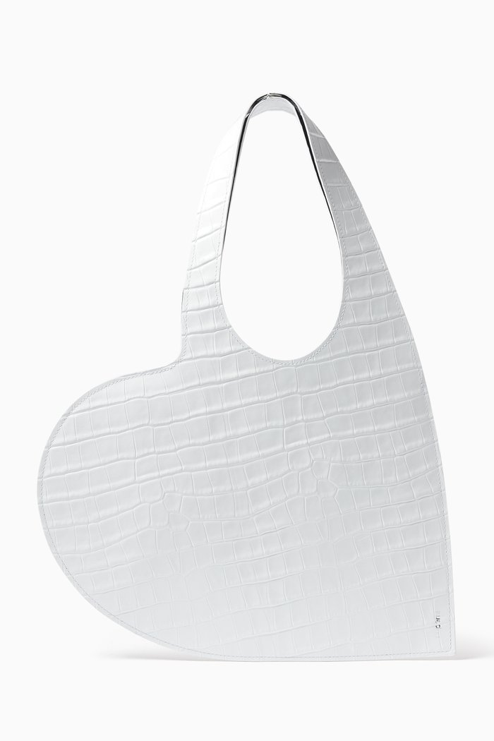 

Mini Heart Tote Bag in Croc-embossed Leather, White