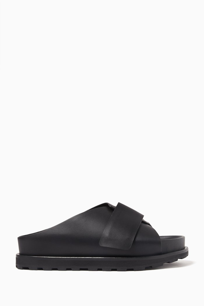 

Cross-strap Slides in Leather, Black