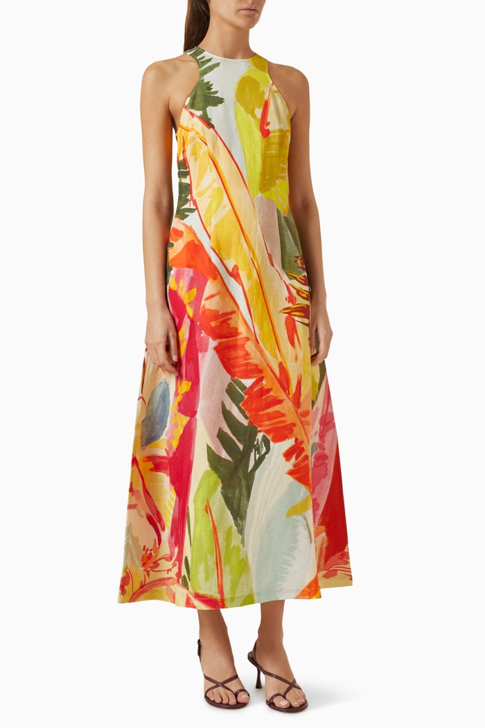 Giselle Racerneck Midi Dress in Linen-blend, Multicolour