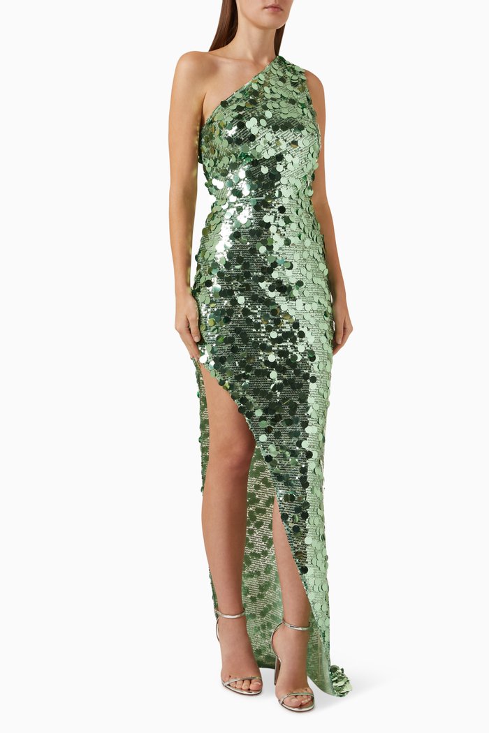 

Farah One Shoulder Sequin-embellished Gown, Green