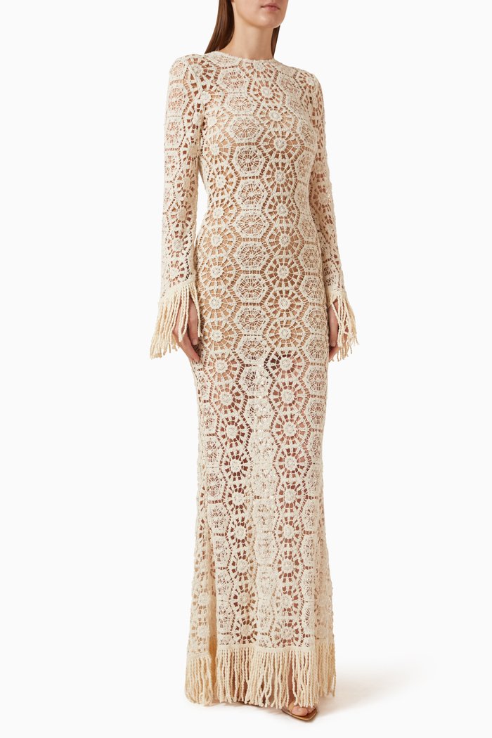 

Maia Fringe Trim Crochet Maxi Dress, Neutral