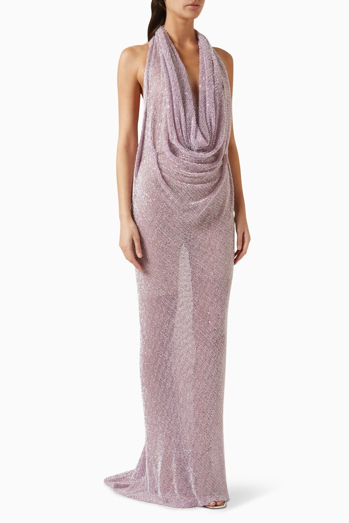 

Amalia Hooded Gown in Mesh, Purple