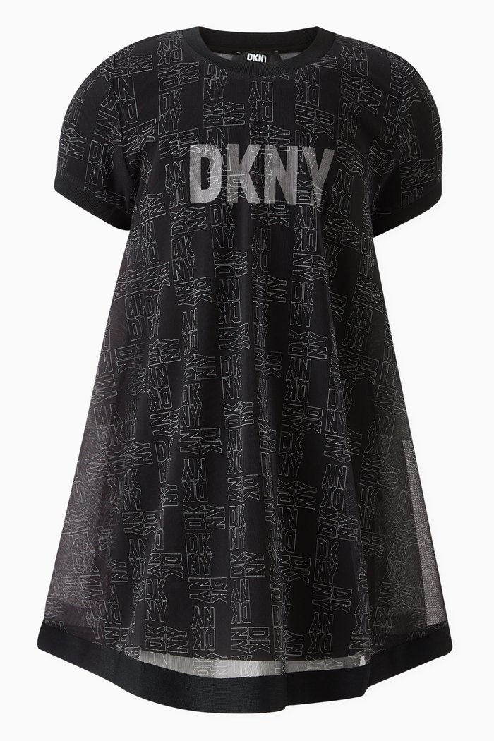 

Logo-print Layered Dress in Mesh & Viscose Jersey, Black
