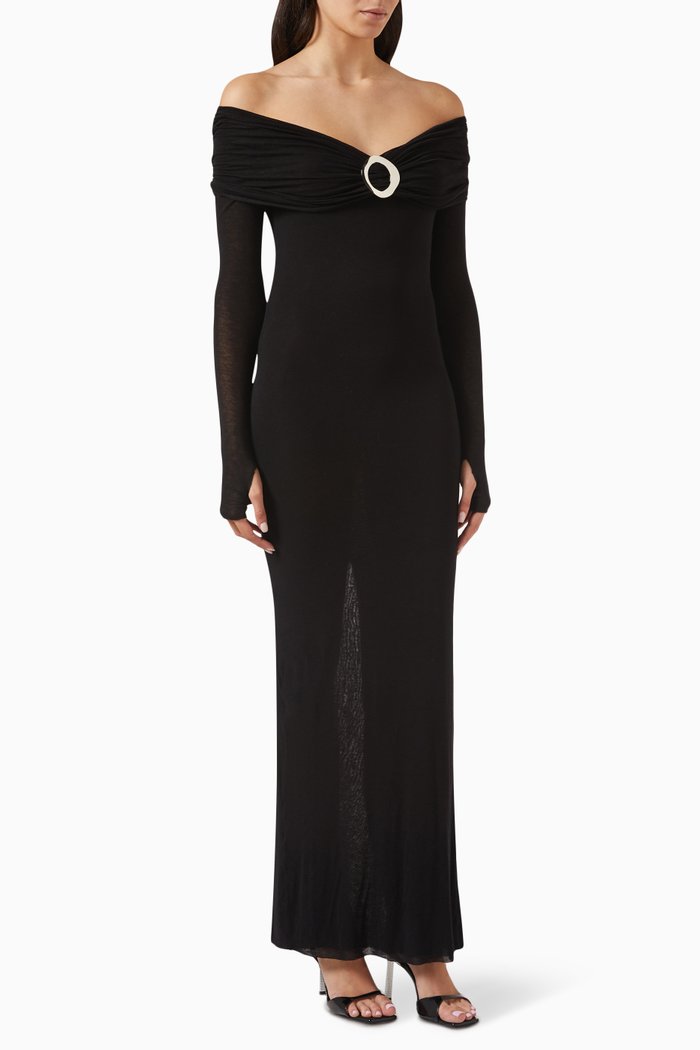 

Amara Buckle Off-shoulder Maxi Dress in Cashmere-viscose, Black