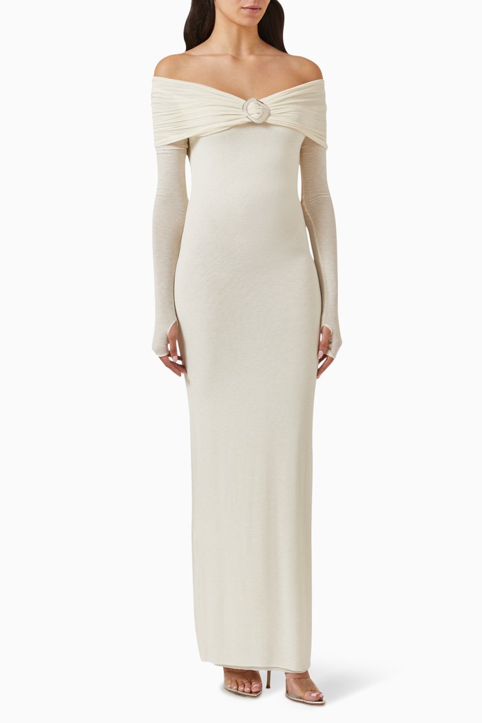 

Amara Buckle Off-shoulder Maxi Dress in Cashmere-viscose, White