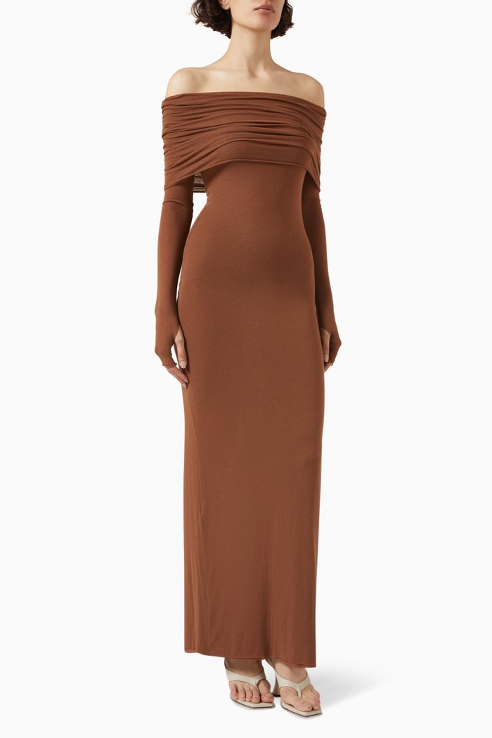 

Amara Off-shoulder Maxi Dress in Cashmere-viscose, Brown