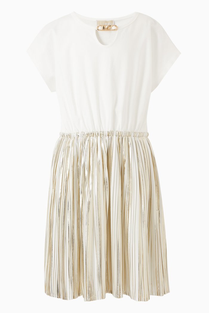 

Empire Logo Metallic Pleated Dress, Gold