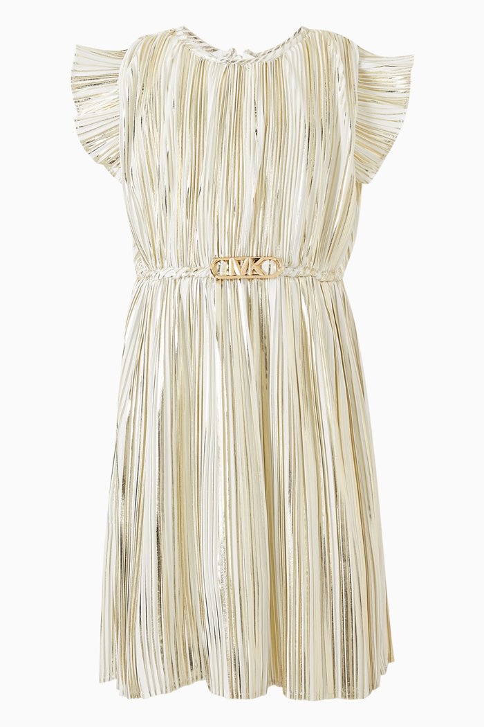 

Empire Logo Metallic Pleated Dress, Gold