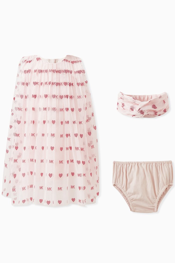 

All-over Logo & Heart Dress in Tulle, Pink