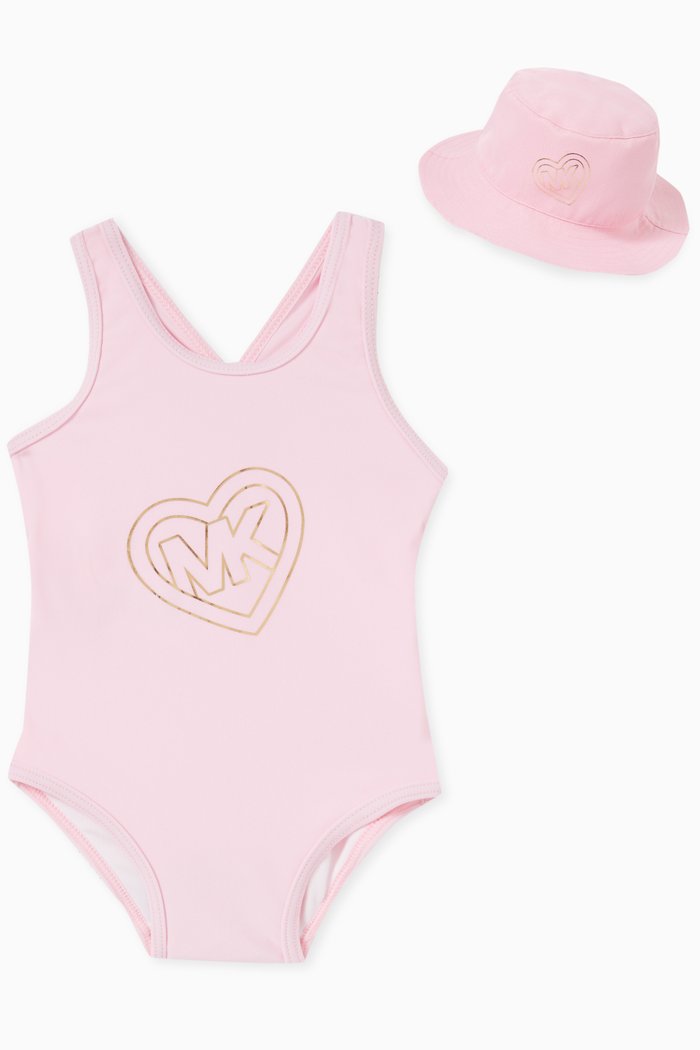 Monogram-print One-piece Swimsuit & Hat Set, Pink