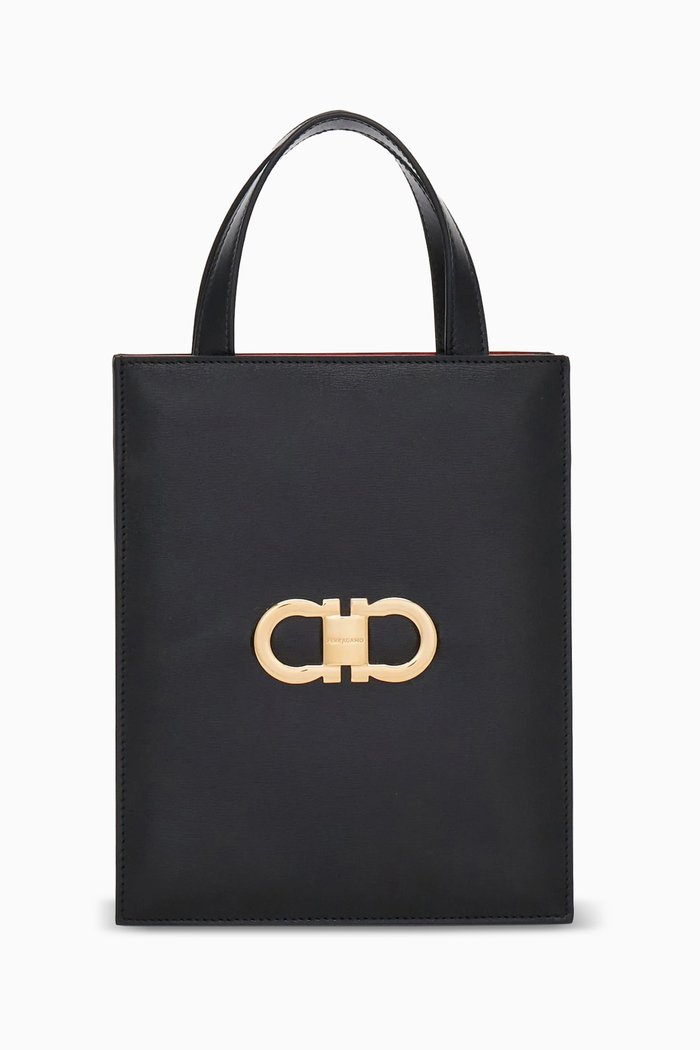 Double Gancini Mini Tote Bag in Palmellato Leather, Black