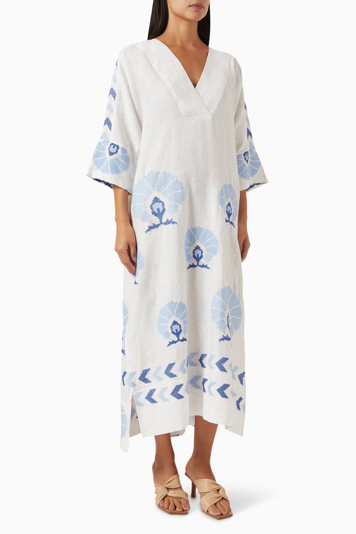 

Embroidered Peacock Maxi Dress in Linen, Blue