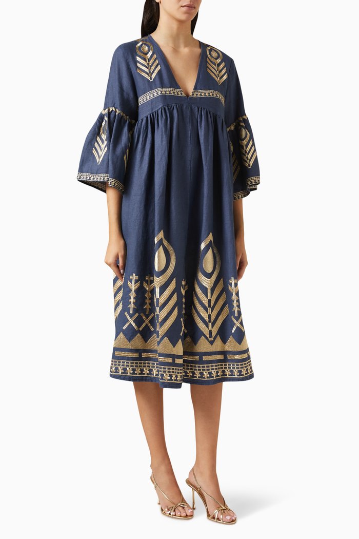 

Embroidered Feather Maxi Dress in Linen, Blue
