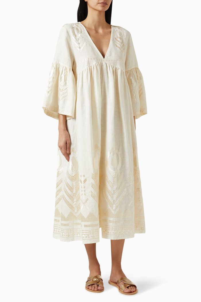 

Embroidered Feather Maxi Dress in Linen, Neutral