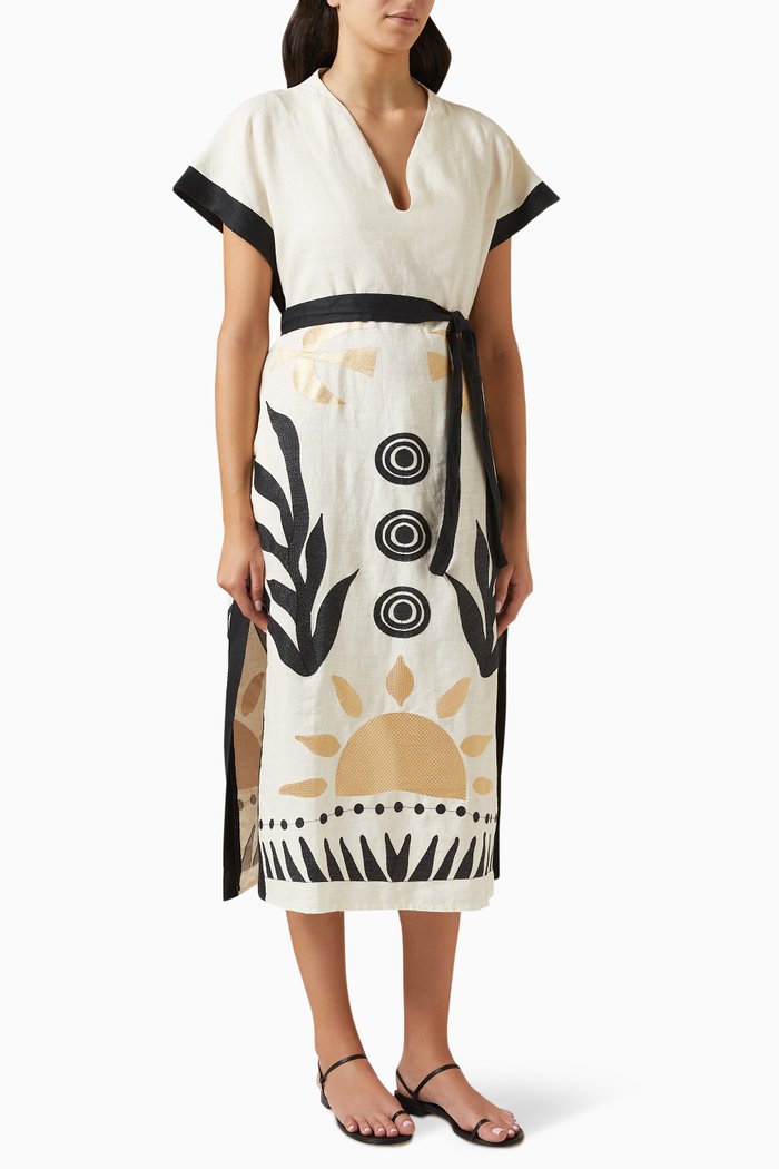 

Embroidered Sun Maxi Kaftan in Linen, Neutral
