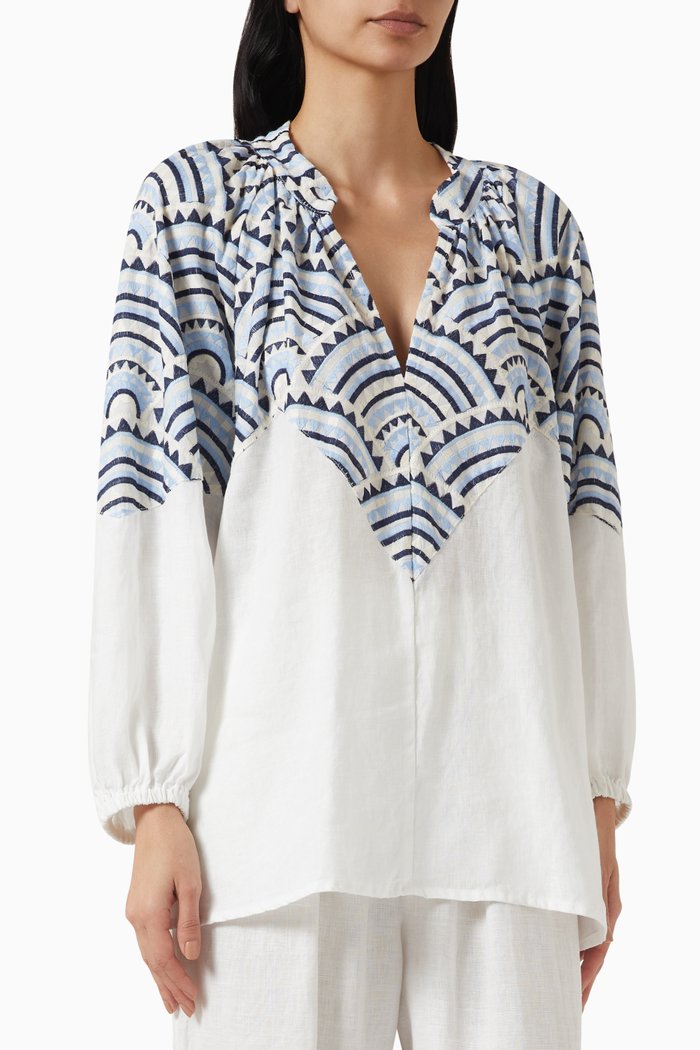 

Embroidered Puffy Sleeve Blouse in Linen, Blue
