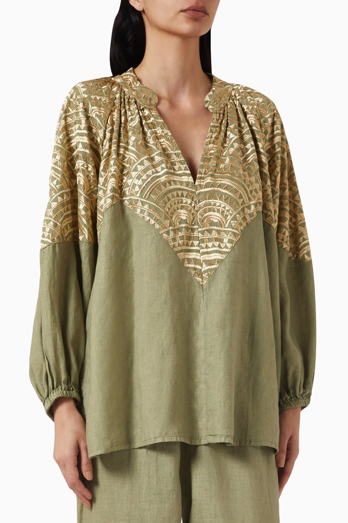 

Embroidered Puffy Sleeve Blouse in Linen, Green