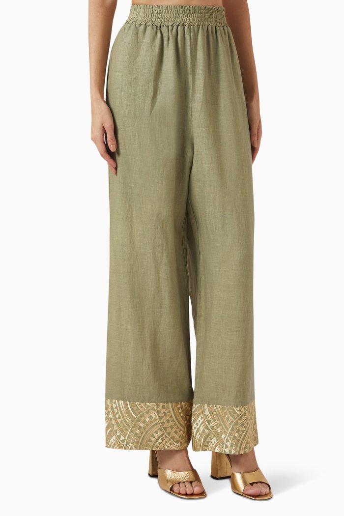 Embroidered Cuff Pants in Linen-blend, Green