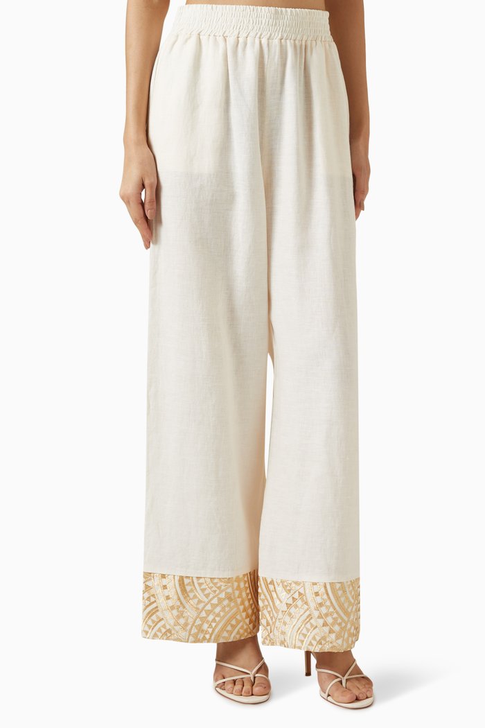 Embroidered Cuff Pants in Linen-blend, Neutral