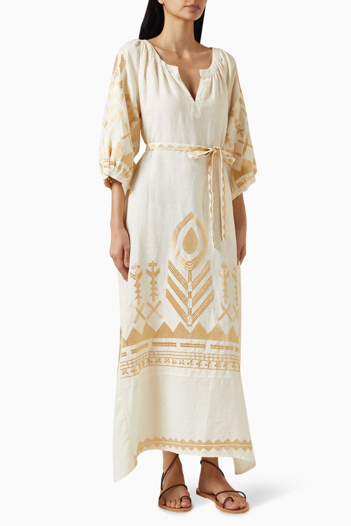 

Feather Belt Maxi Dress in Linen, Neutral