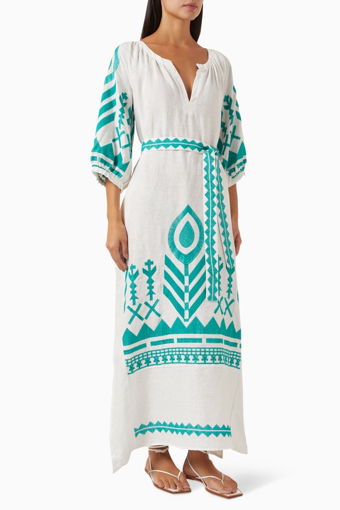 

Feather Belt Maxi Dress in Linen, White