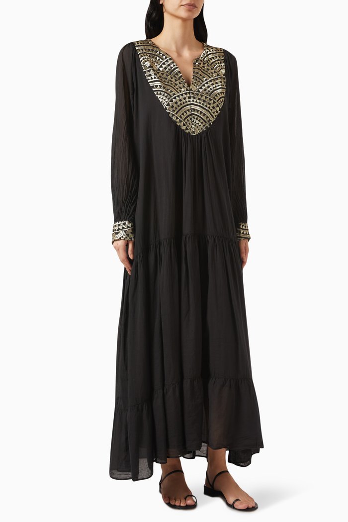 

Embroidered Maxi Dress in Cotton, Black