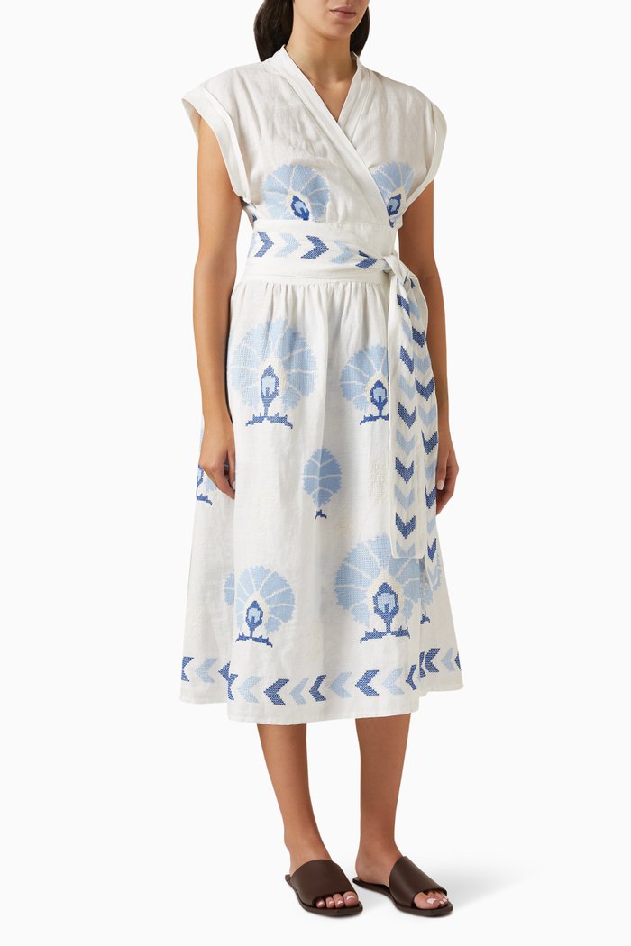 Mini Peacock Wrap Dress in Linen, Blue