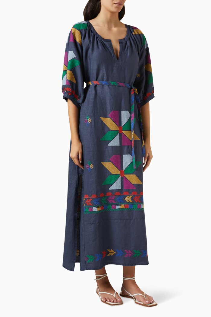 Aeolis Belt Maxi Dress in Linen, Blue