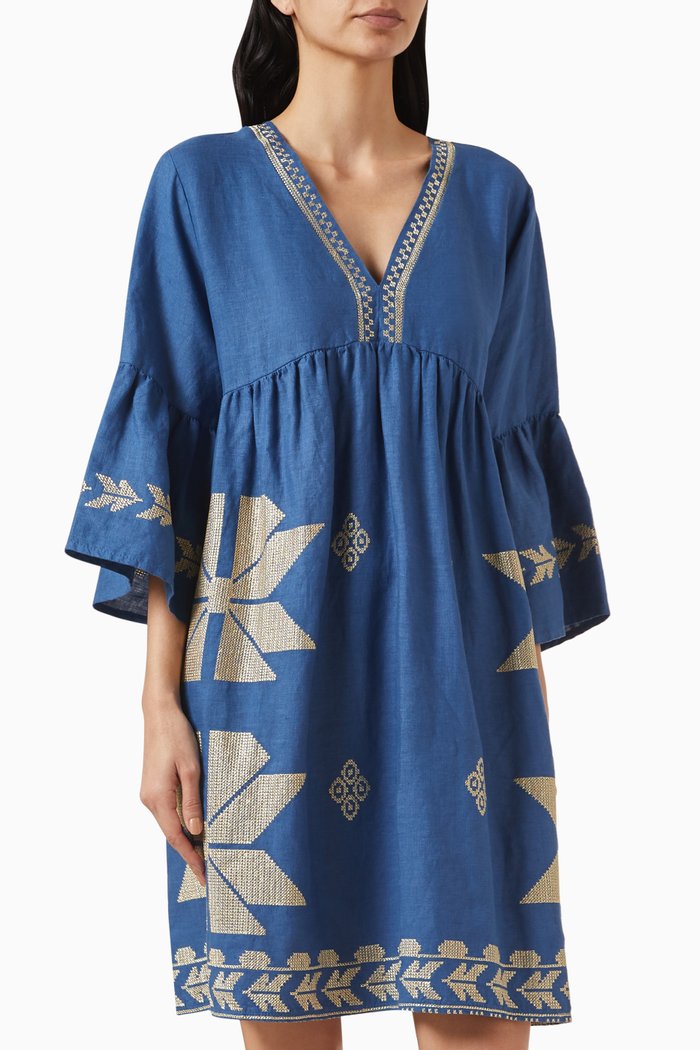 Embroidered Aeolis Mini Dress in Linen, Blue