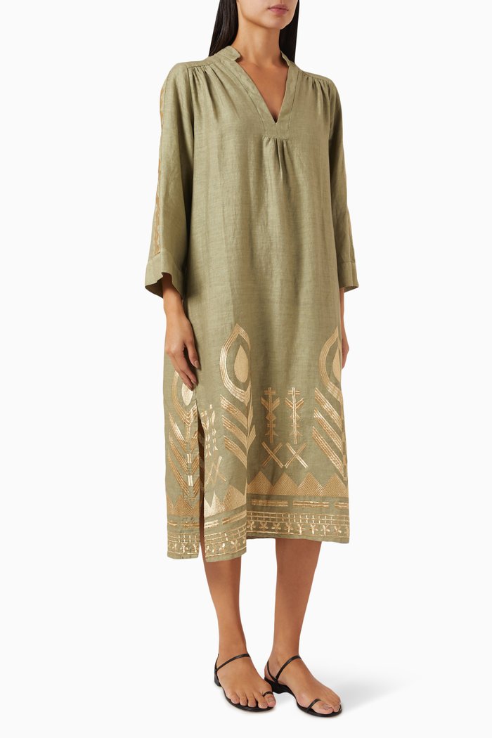 

Embroidered Feather Maxi Dress in Linen, Green