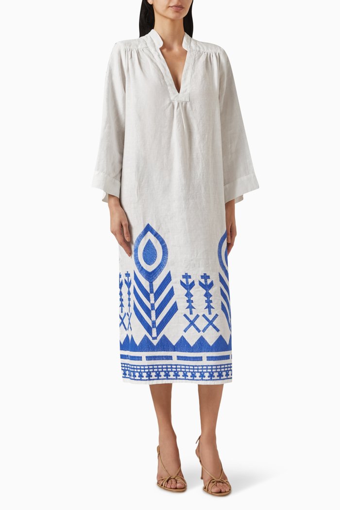 

Embroidered Feather Maxi Dress in Linen, White