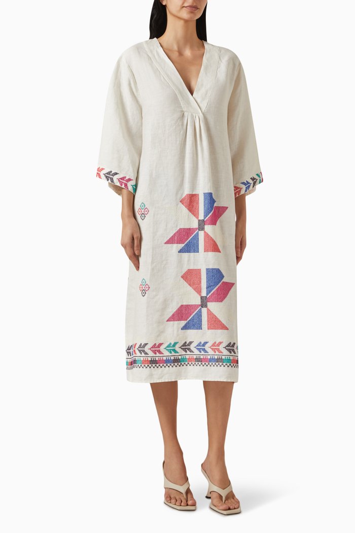 

Embroidered Aeolis Midi Dress in Linen, Multicolour